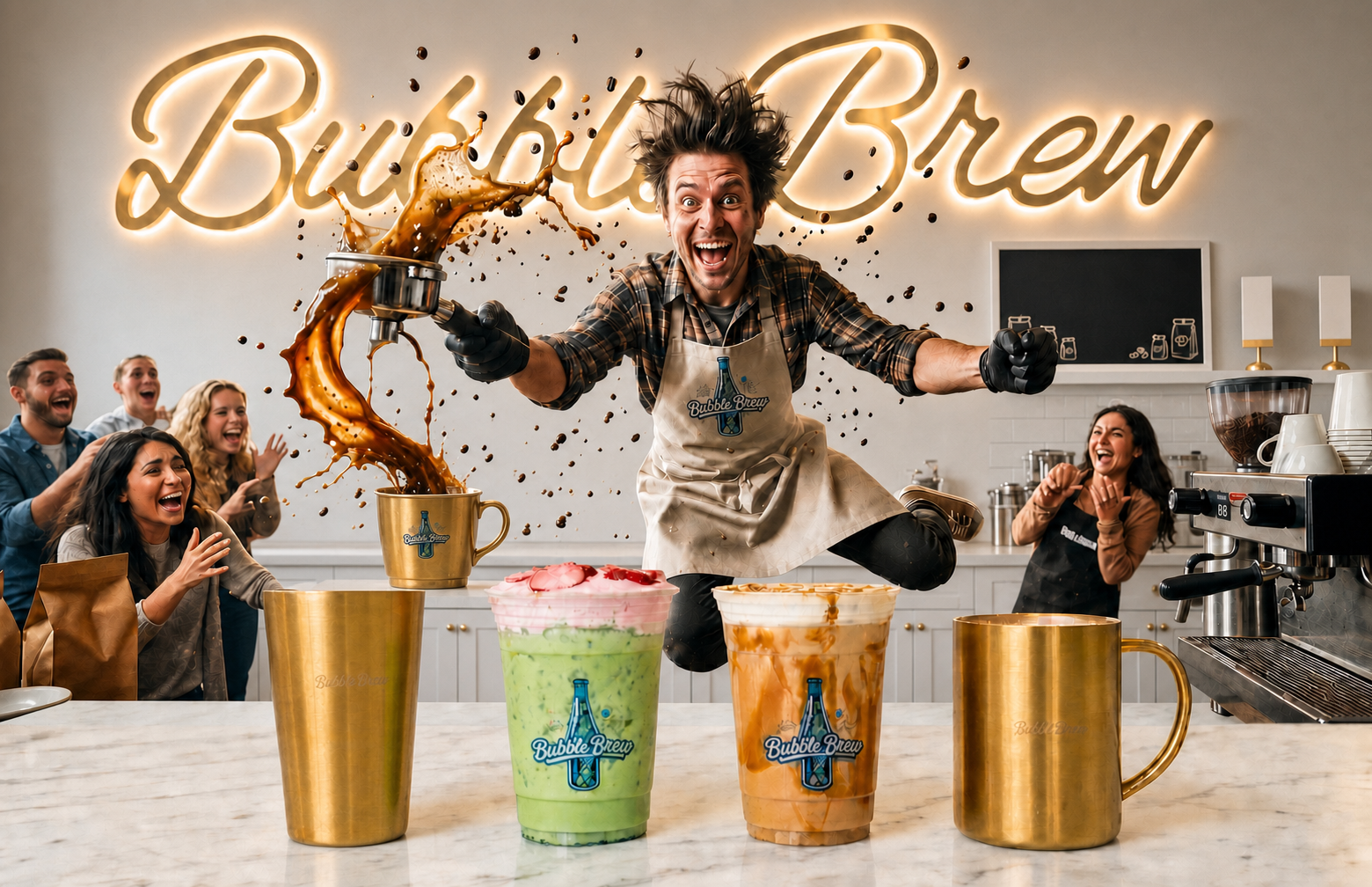 BubbleBrew barista pouring handcrafted coffee beside espresso drinks